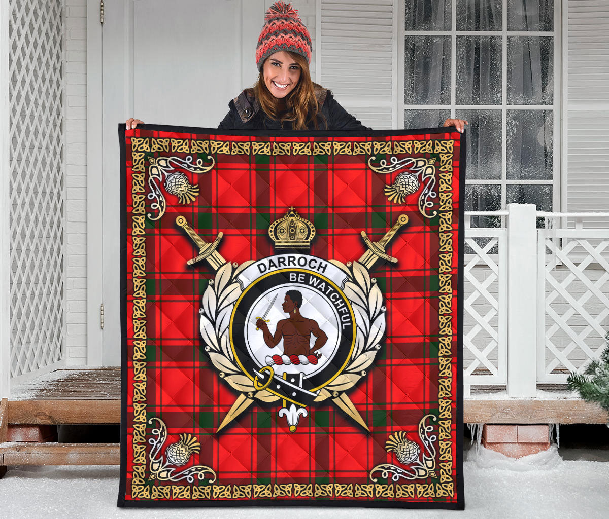 Darroch (Gourock) Tartan Crest Premium Quilt - Celtic Thistle Style