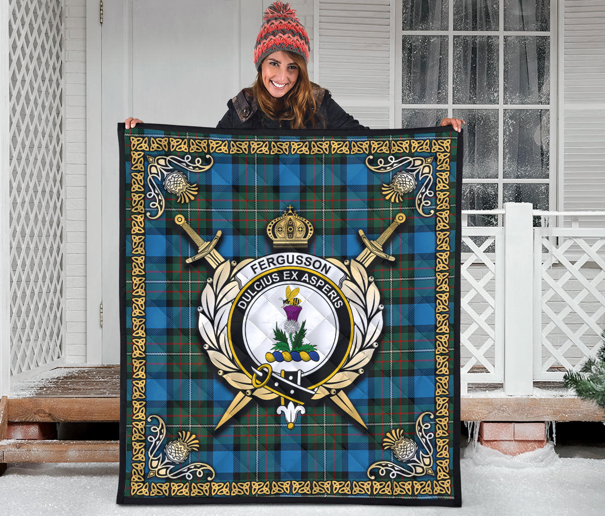 Fergusson Ancient Tartan Crest Premium Quilt - Celtic Thistle Style