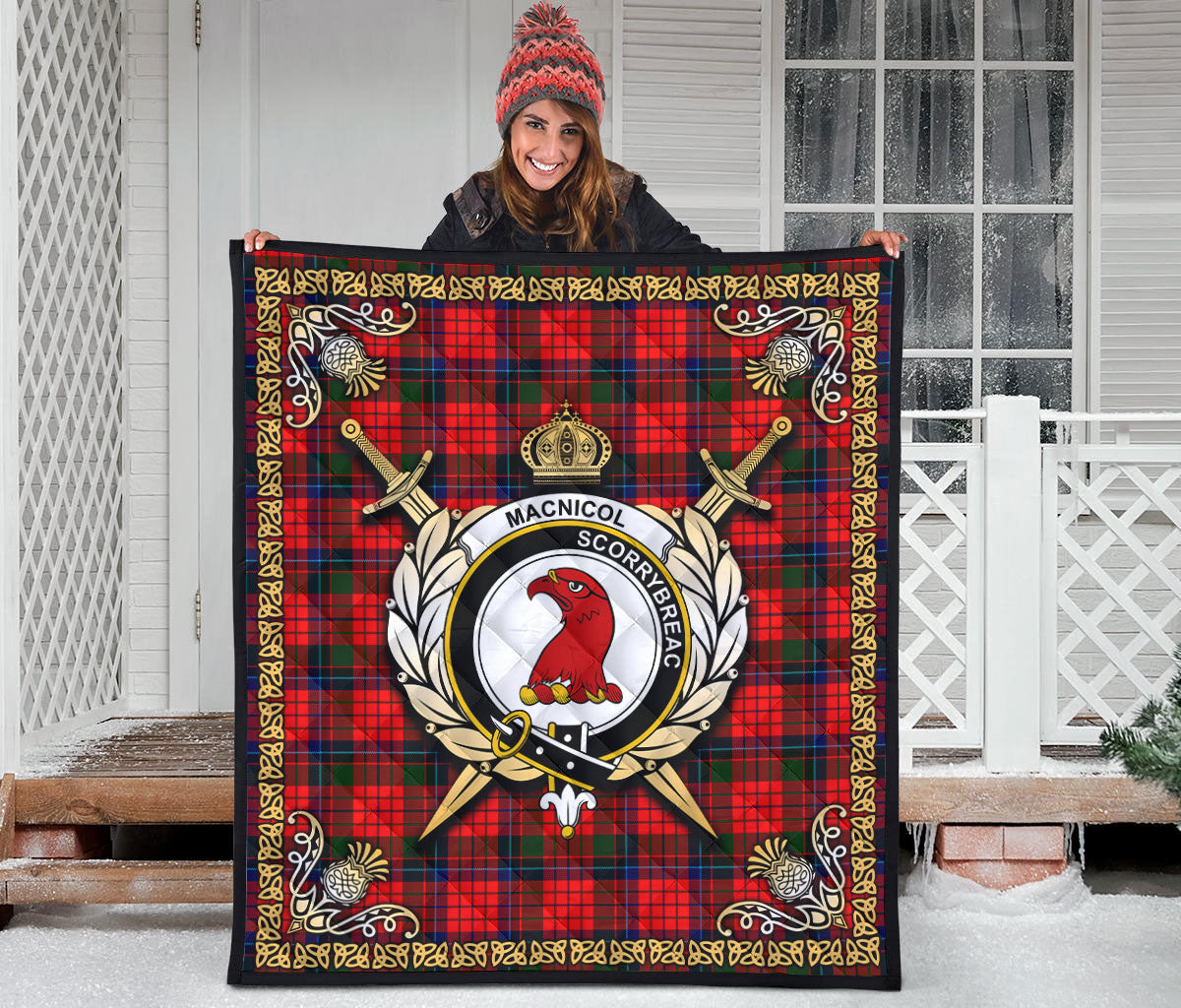 MacNicol (of Scorrybreac) Tartan Crest Premium Quilt - Celtic Thistle Style