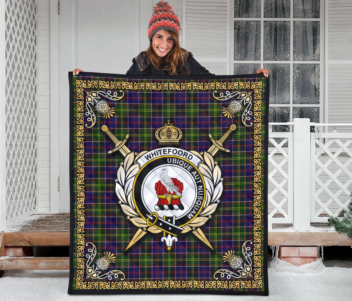 Whitefoord Tartan Crest Premium Quilt - Celtic Thistle Style