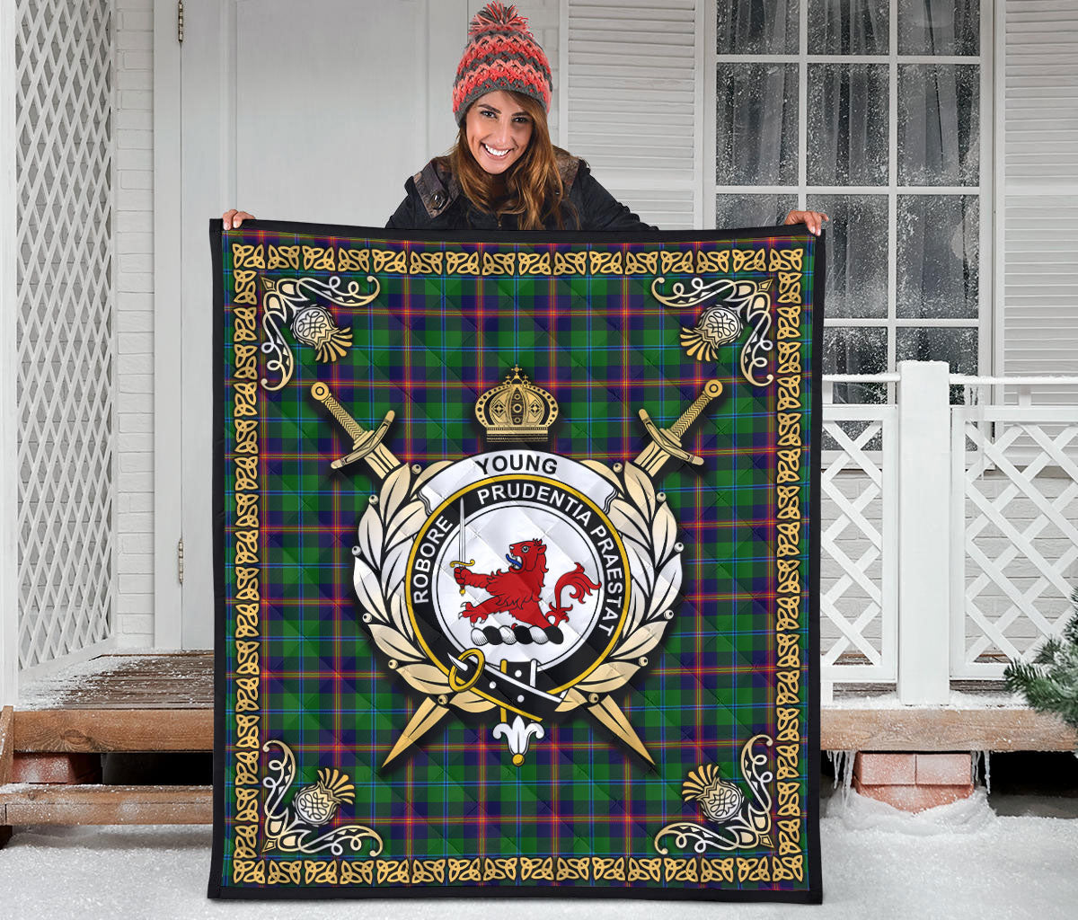 Young Modern Tartan Crest Premium Quilt - Celtic Thistle Style