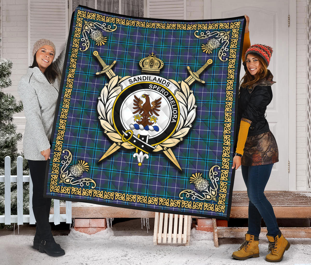 Sandilands Tartan Crest Premium Quilt - Celtic Thistle Style