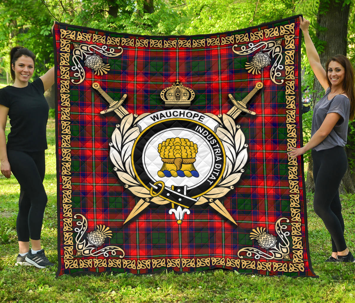 Wauchope (or Waugh) Tartan Crest Premium Quilt - Celtic Thistle Style