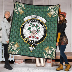 Ross Hunting Ancient Tartan Crest Premium Quilt - Gold Thistle Style