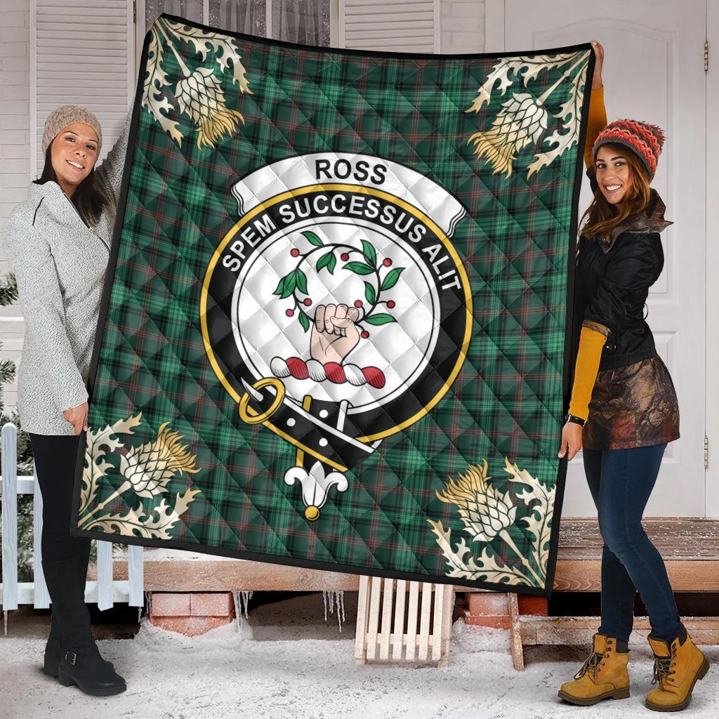 Ross Hunting Modern Tartan Crest Premium Quilt - Gold Thistle Style