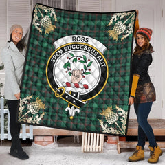 Ross Hunting Modern Tartan Crest Premium Quilt - Gold Thistle Style