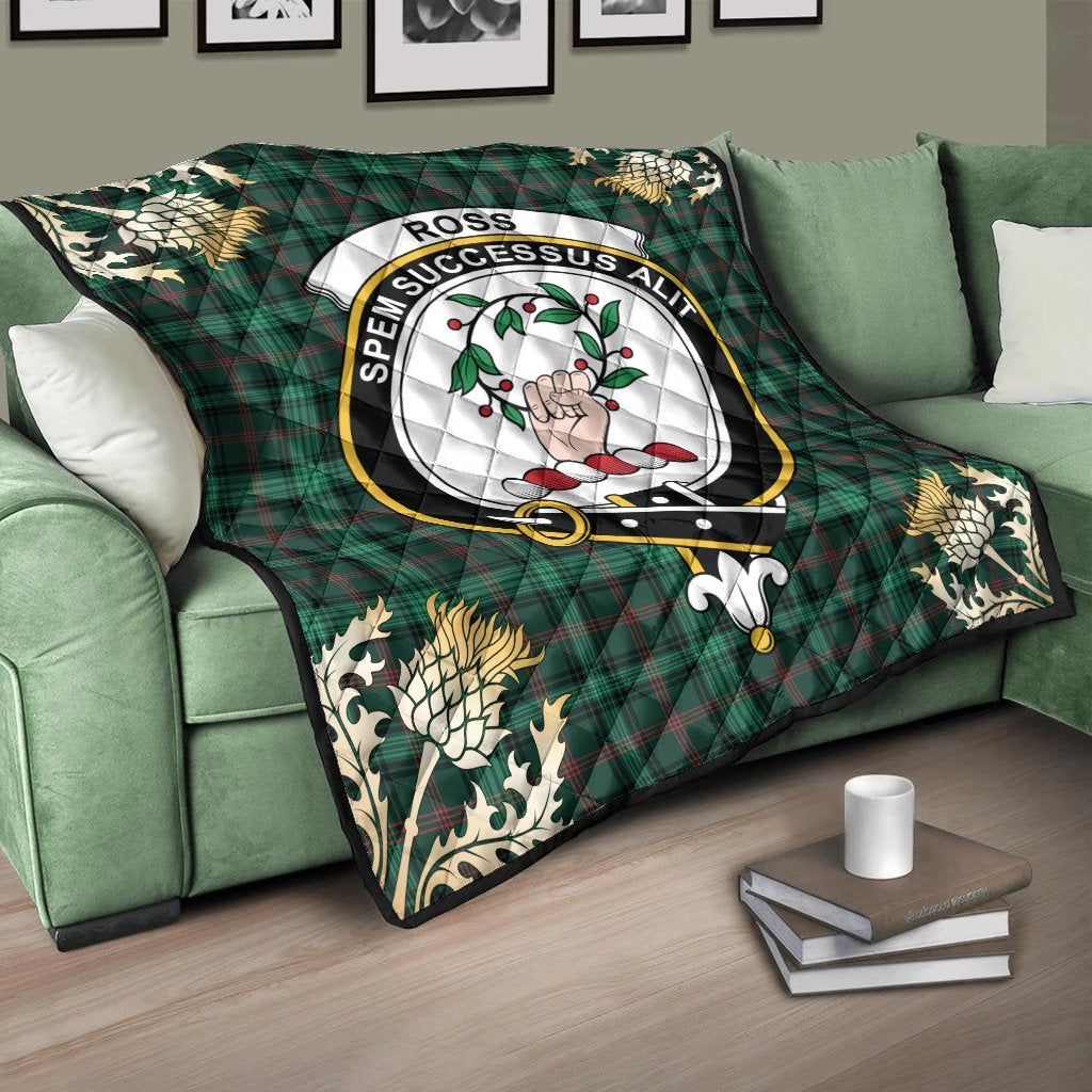 Ross Hunting Modern Tartan Crest Premium Quilt - Gold Thistle Style