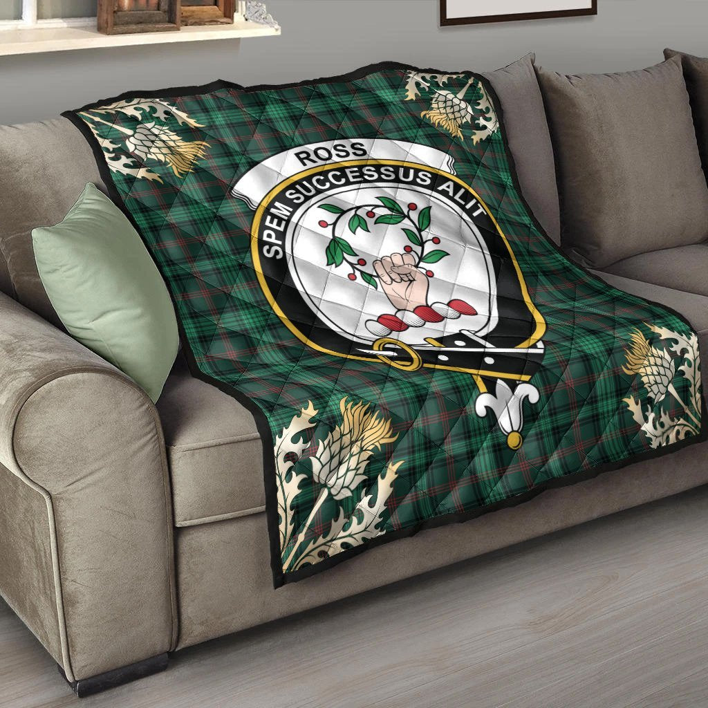 Ross Hunting Modern Tartan Crest Premium Quilt - Gold Thistle Style