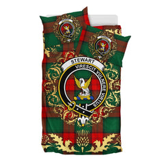 Stewart Atholl Modern Tartan Crest Bedding Set - Golden Thistle Style
