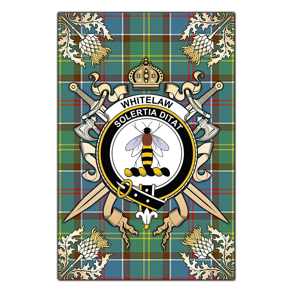 Whitelaw Tartan Crest Black Garden Flag - Gold Thistle Style