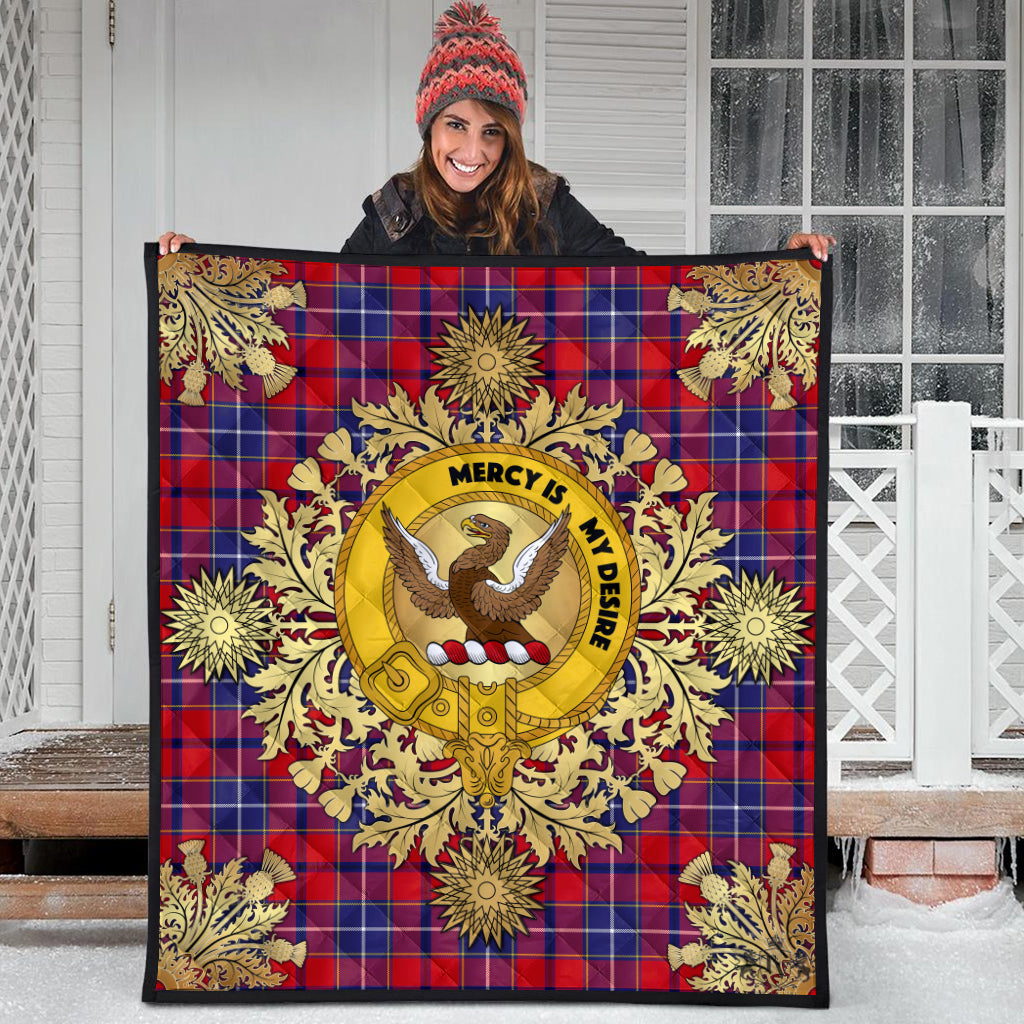 Wishart Dress Tartan Crest Premium Quilt - Gold Thistle Style