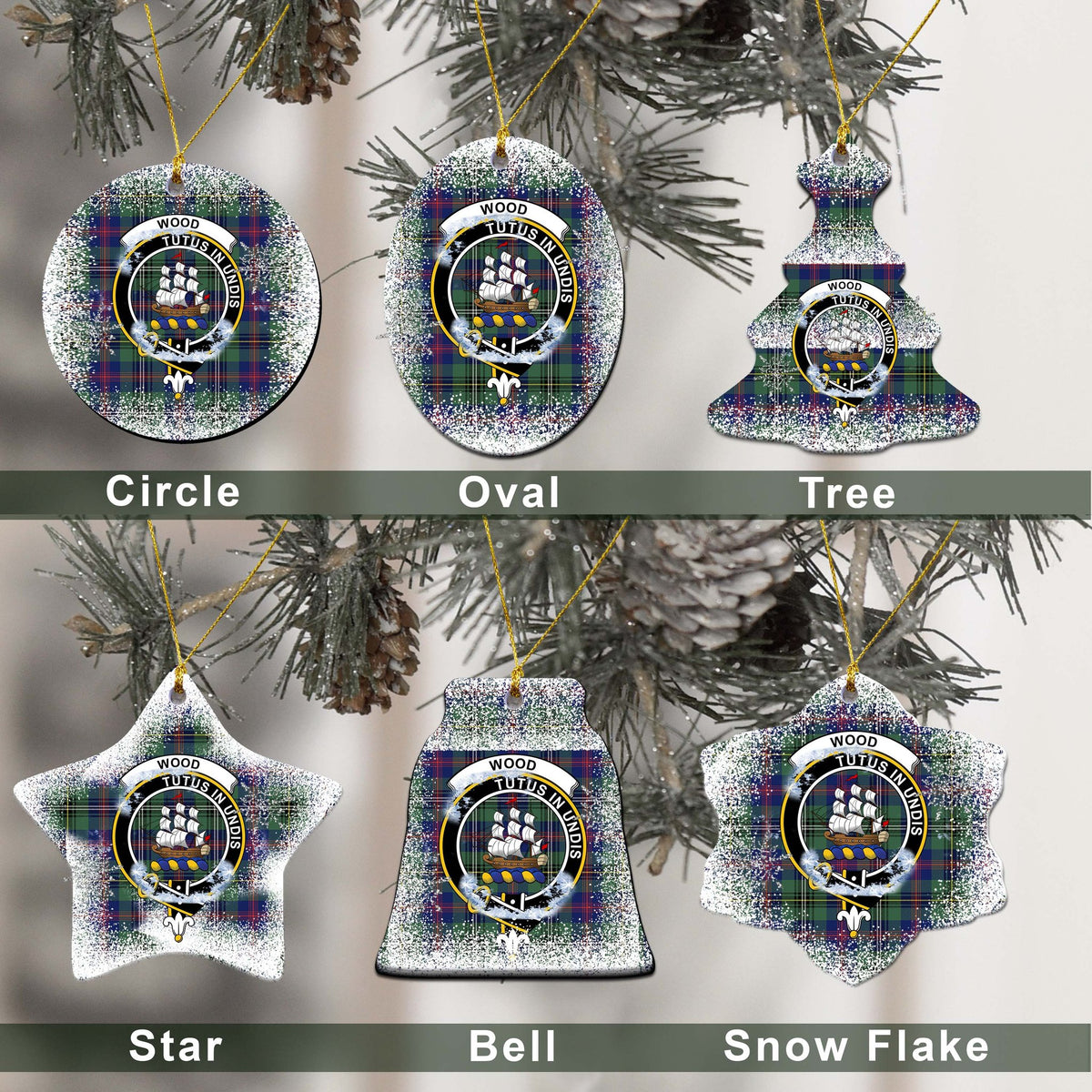 Wood Tartan Christmas Ceramic Ornament - Snow Style