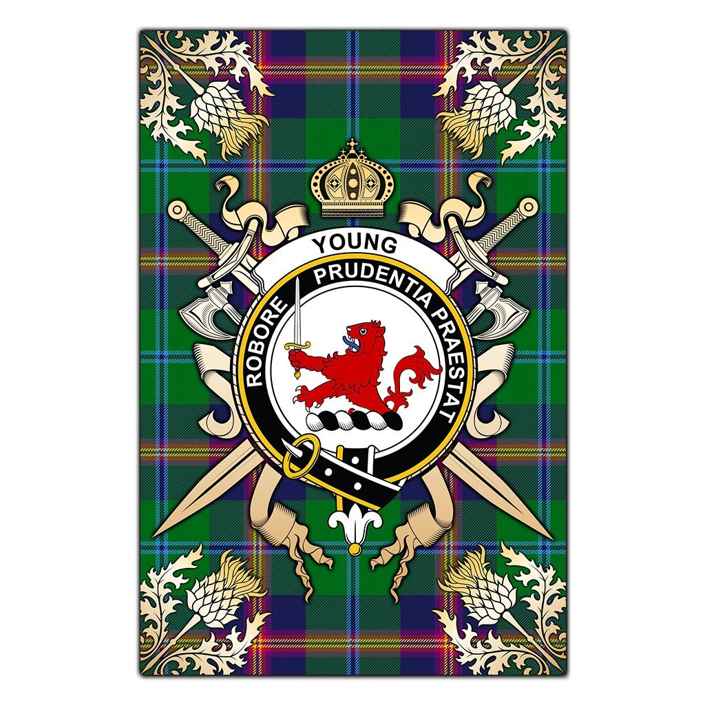 Young Modern Tartan Crest Black Garden Flag - Gold Thistle Style