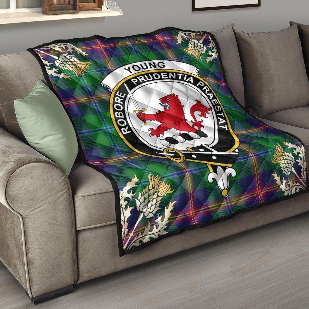 Young Modern Tartan Crest Premium Quilt - Gold Thistle Style