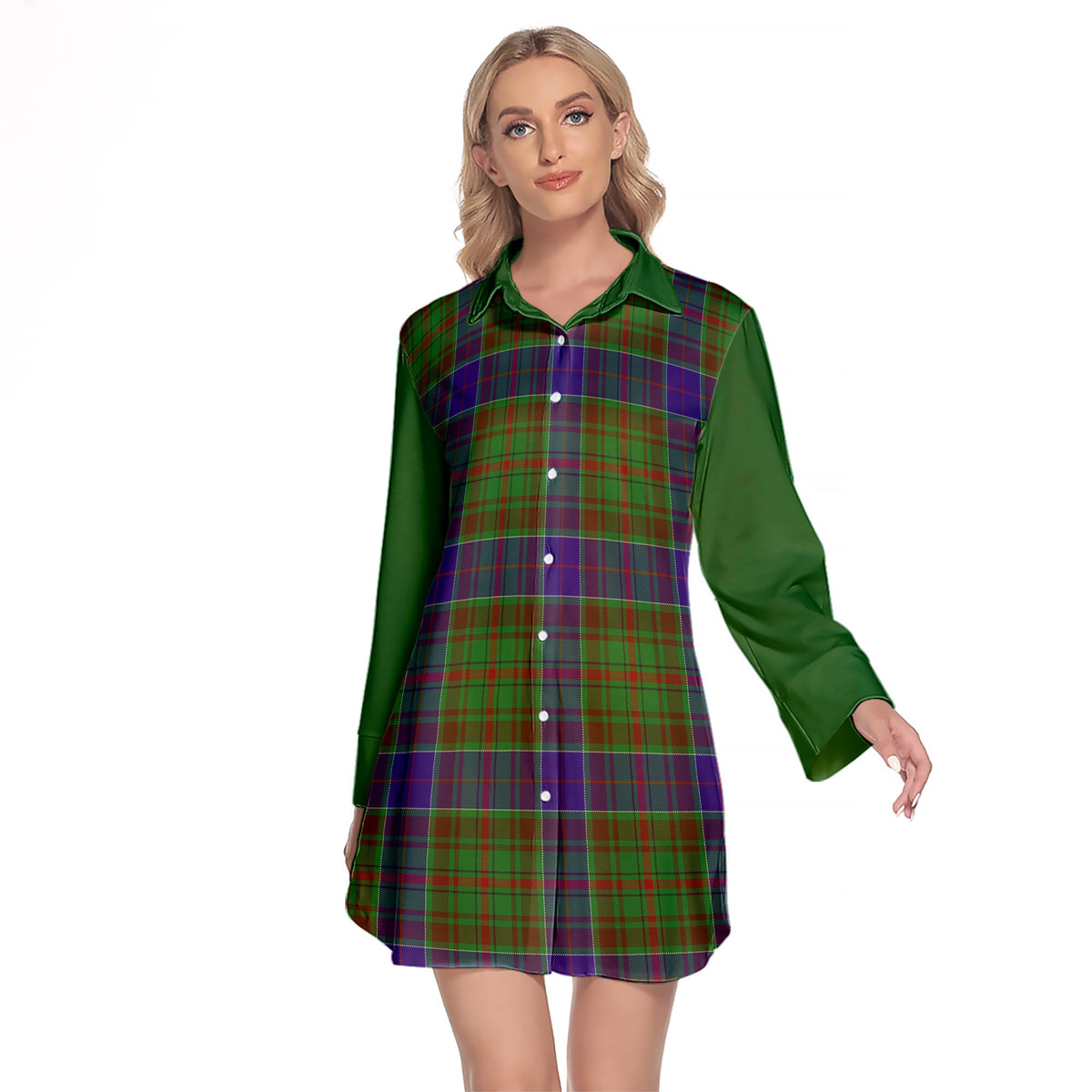 Adam Tartan Women's Lapel Shirt Dress With Long Sleeve