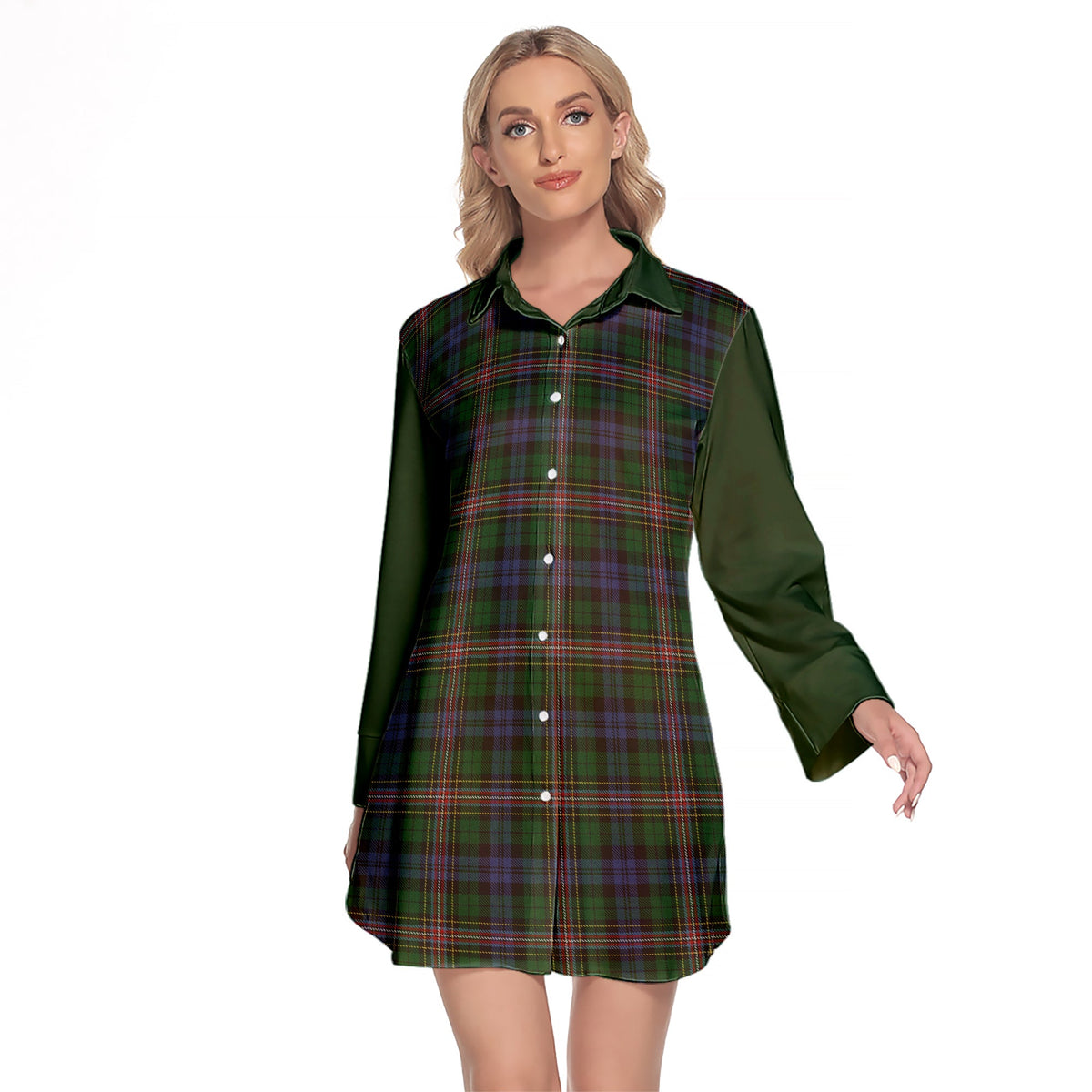 Allison Tartan Women's Lapel Shirt Dress With Long Sleeve