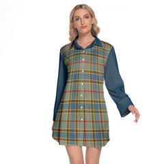 Balfour Blue Tartan Women's Lapel Shirt Dress With Long Sleeve