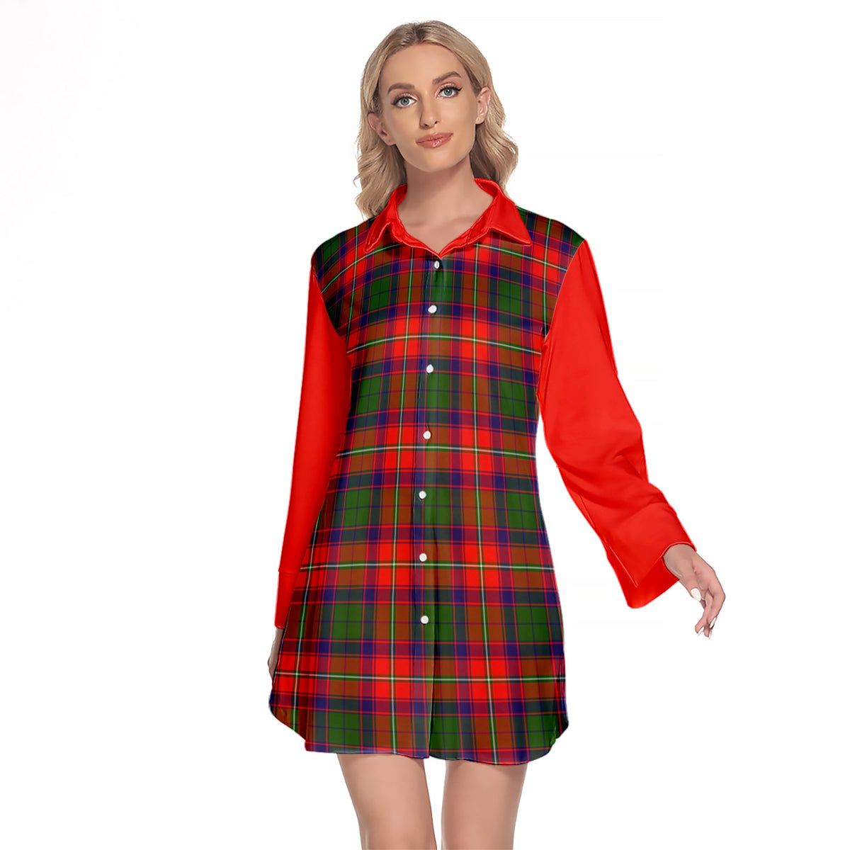 Belshes Tartan Women's Lapel Shirt Dress With Long Sleeve