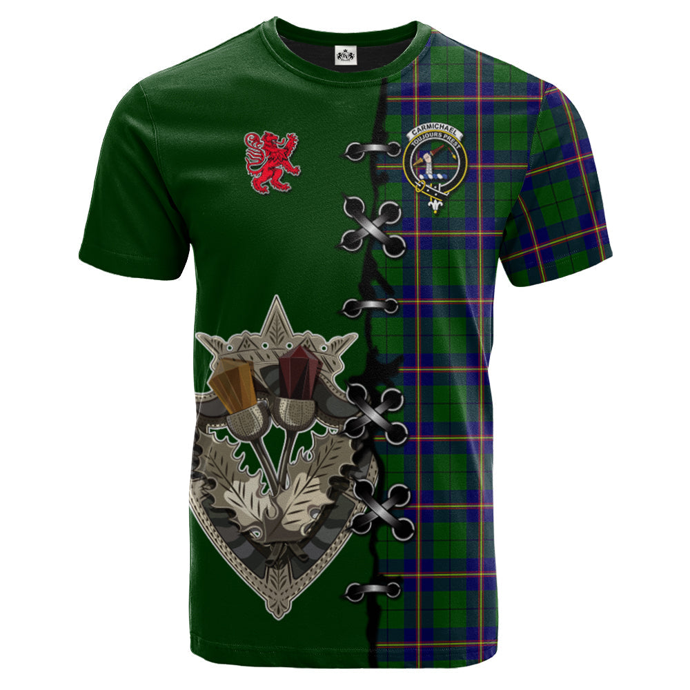 Carmichael Modern Tartan T-shirt - Lion Rampant And Celtic Thistle Style