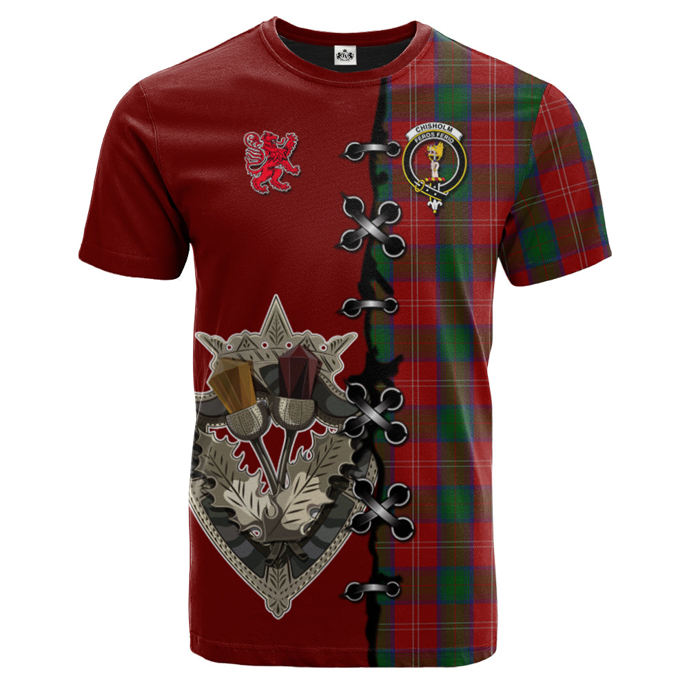 Chisholm Tartan T-shirt - Lion Rampant And Celtic Thistle Style