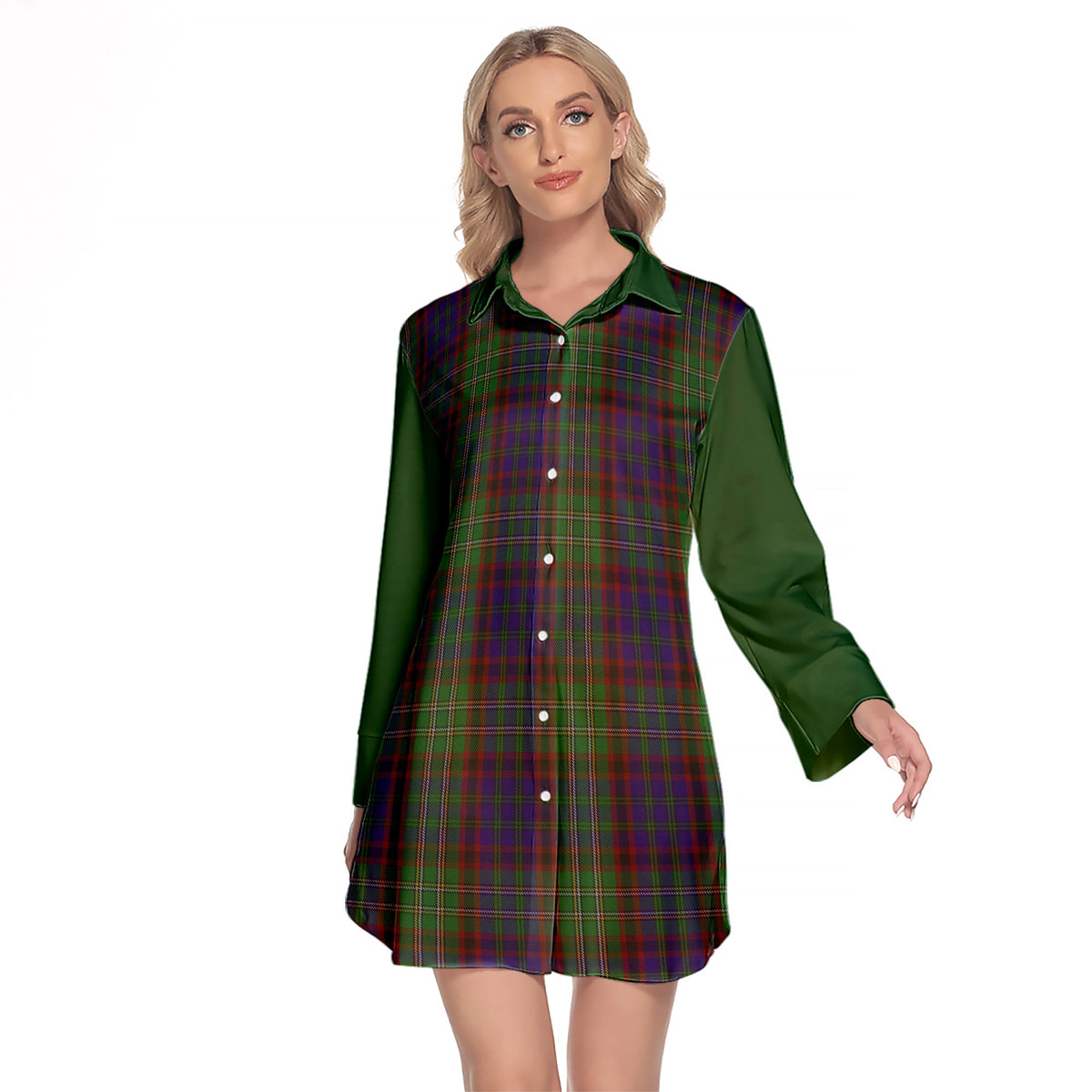 Cunningham Hunting Tartan Women's Lapel Shirt Dress With Long Sleeve