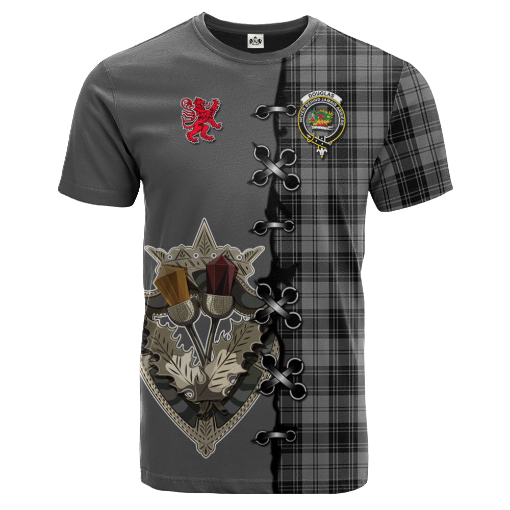 Douglas Grey Tartan T-shirt - Lion Rampant And Celtic Thistle Style