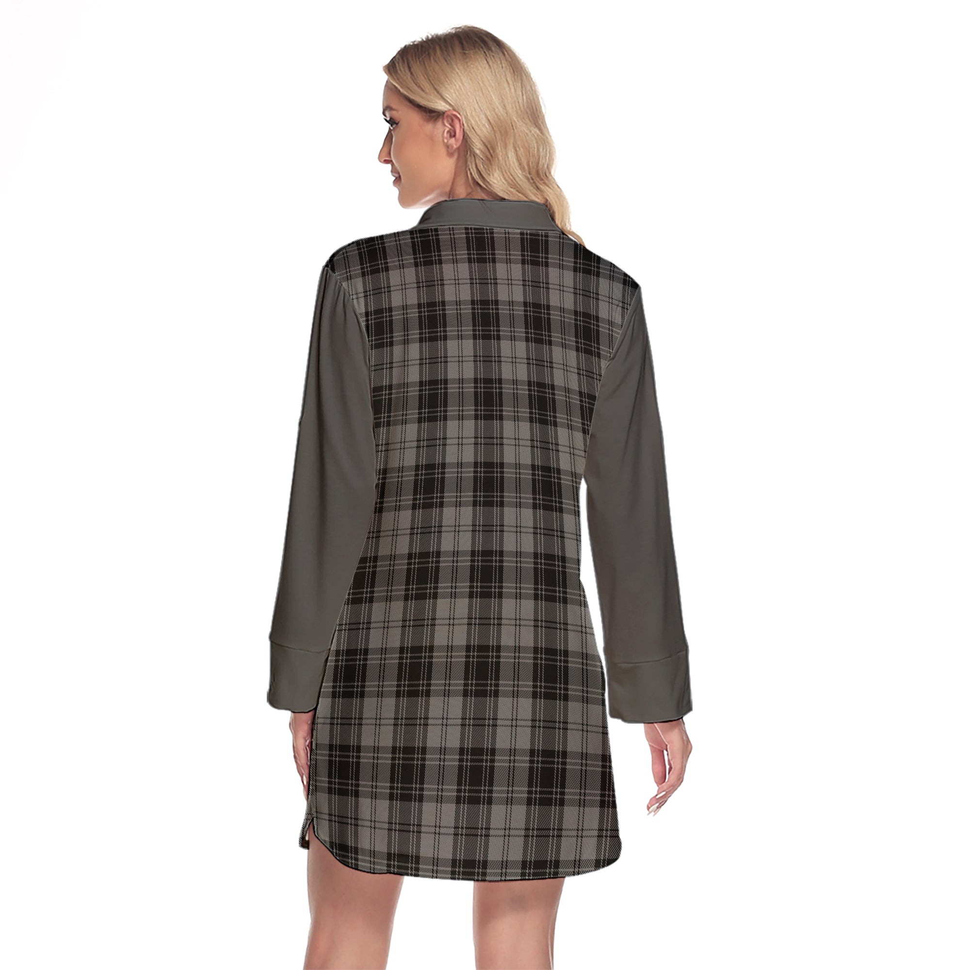 Douglas Grey Tartan Women's Lapel Shirt Dress With Long Sleeve