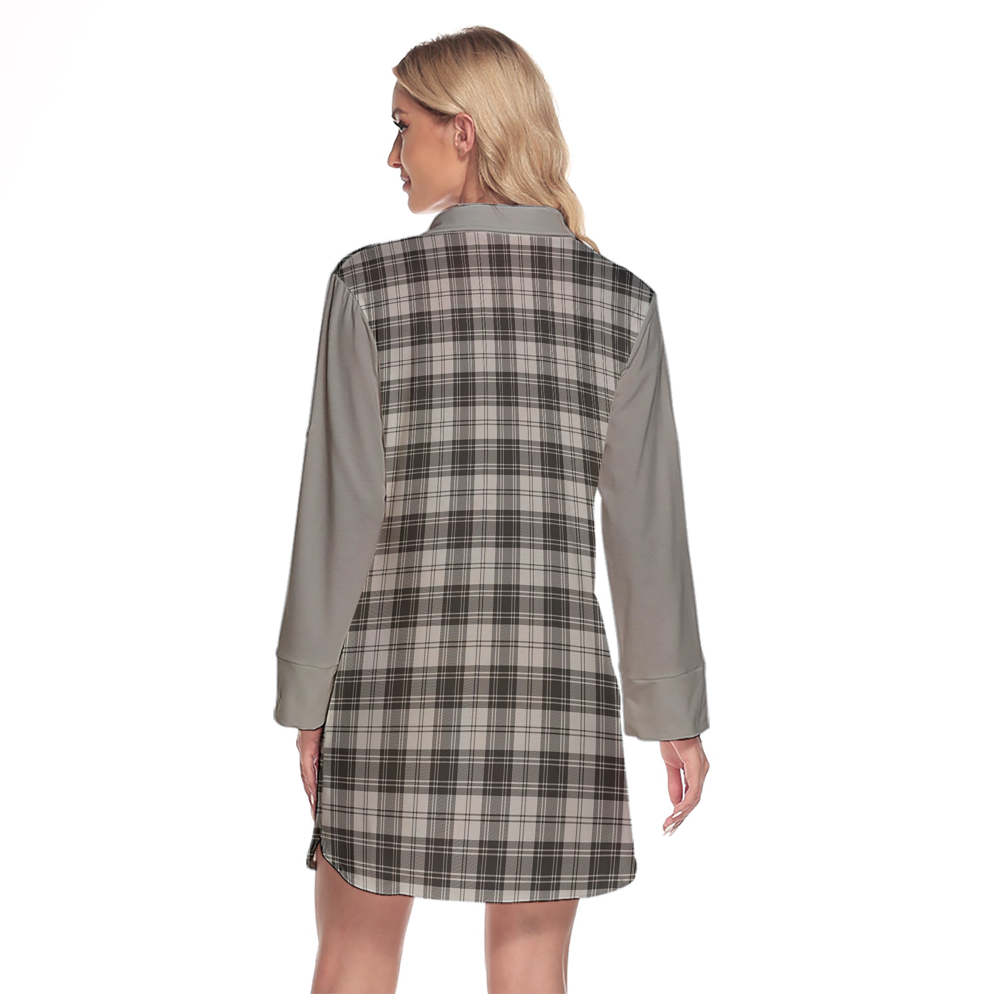 Douglas Grey Modern Tartan Women's Lapel Shirt Dress With Long Sleeve