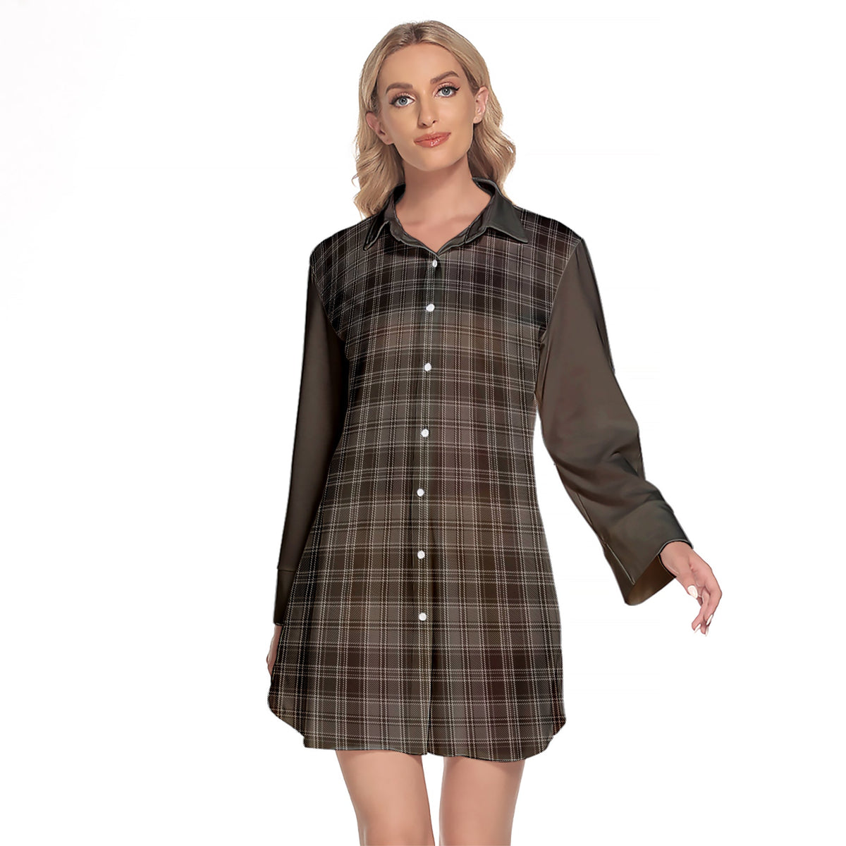 Drummond Grey Tartan Women's Lapel Shirt Dress With Long Sleeve