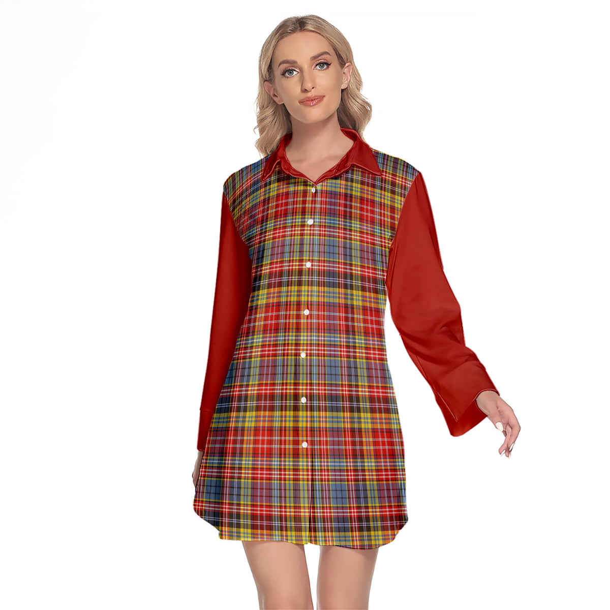 Drummond Of Strathallan Modern Tartan Women's Lapel Shirt Dress With Long Sleeve
