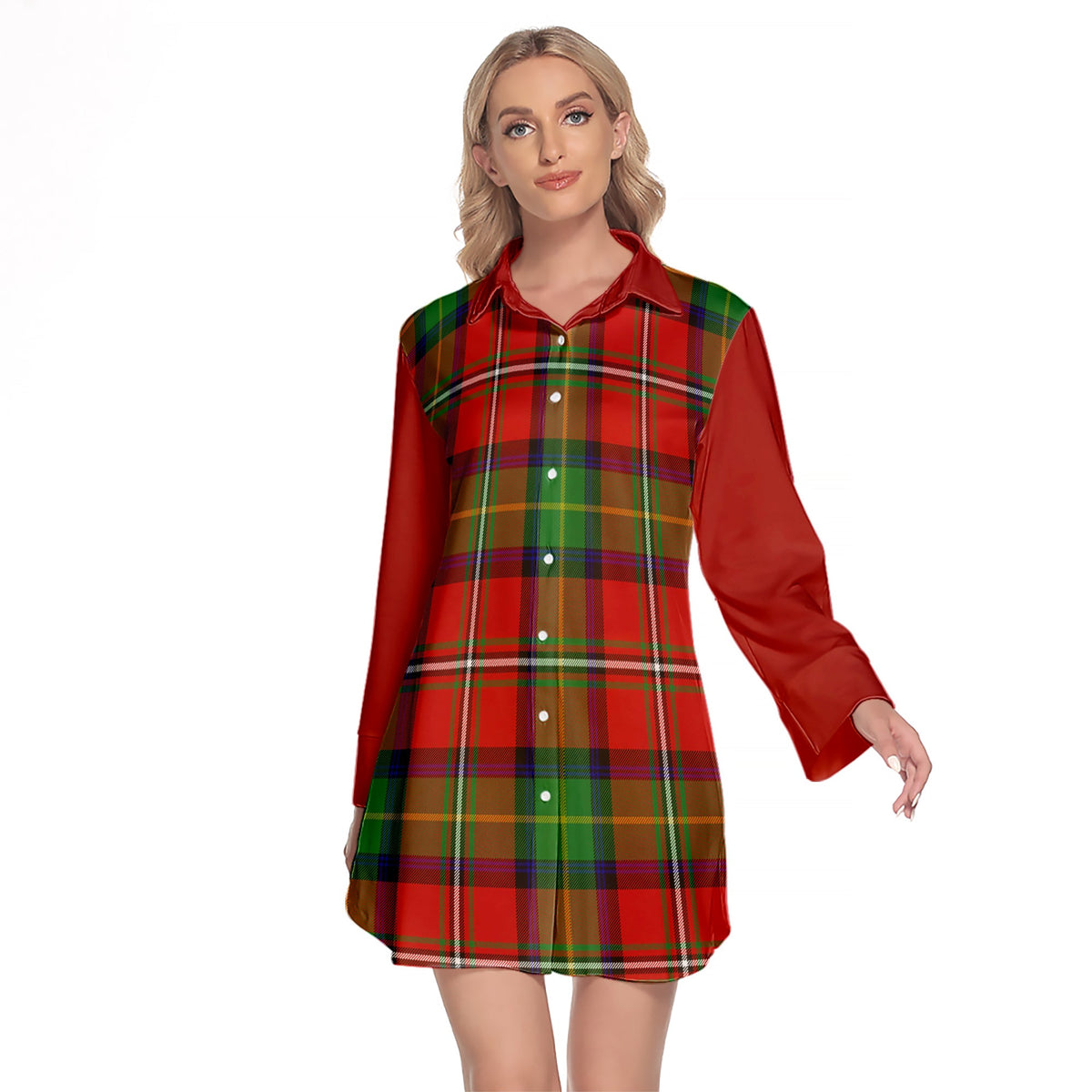 Fairlie Modern Tartan Women's Lapel Shirt Dress With Long Sleeve