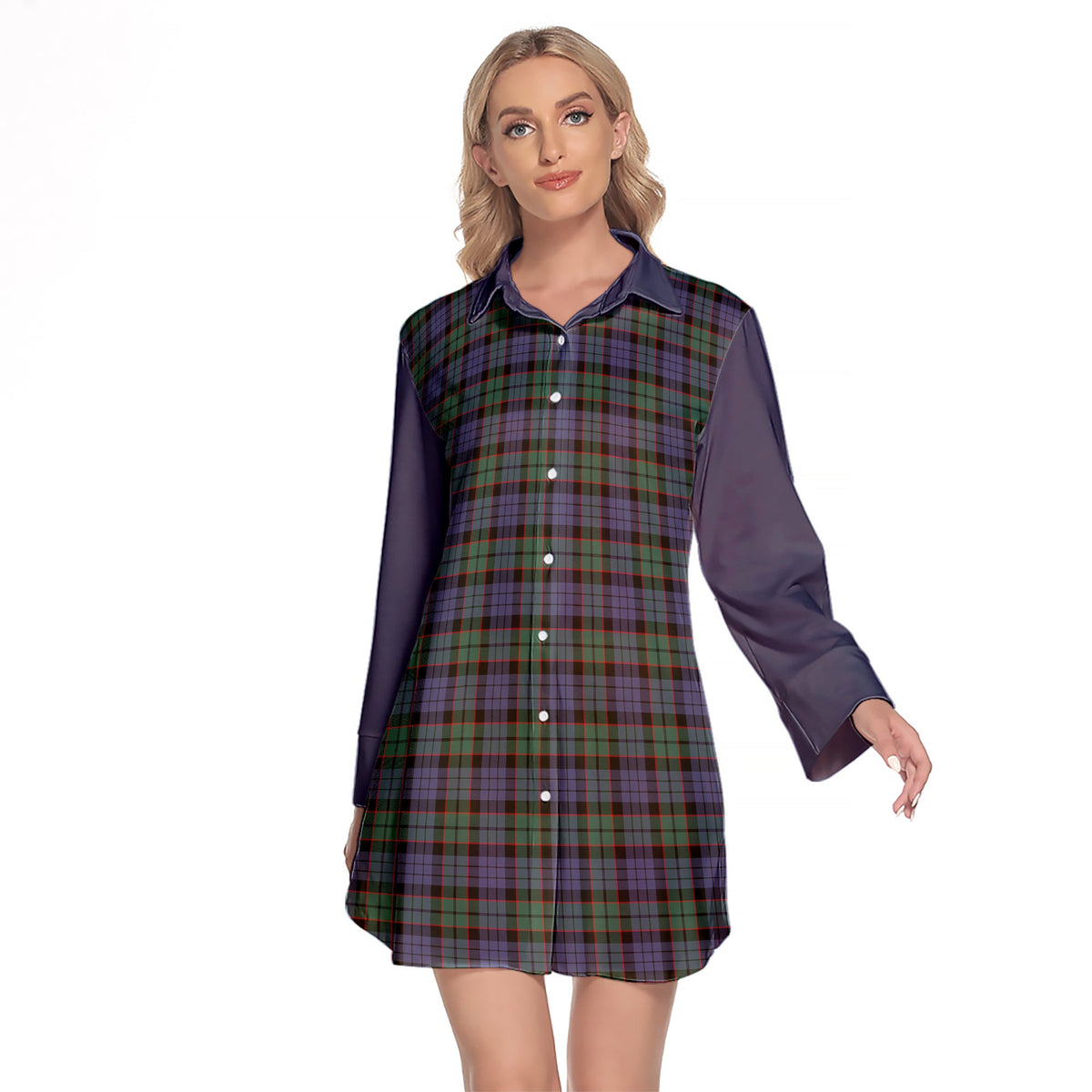 Fletcher Modern Tartan Women's Lapel Shirt Dress With Long Sleeve
