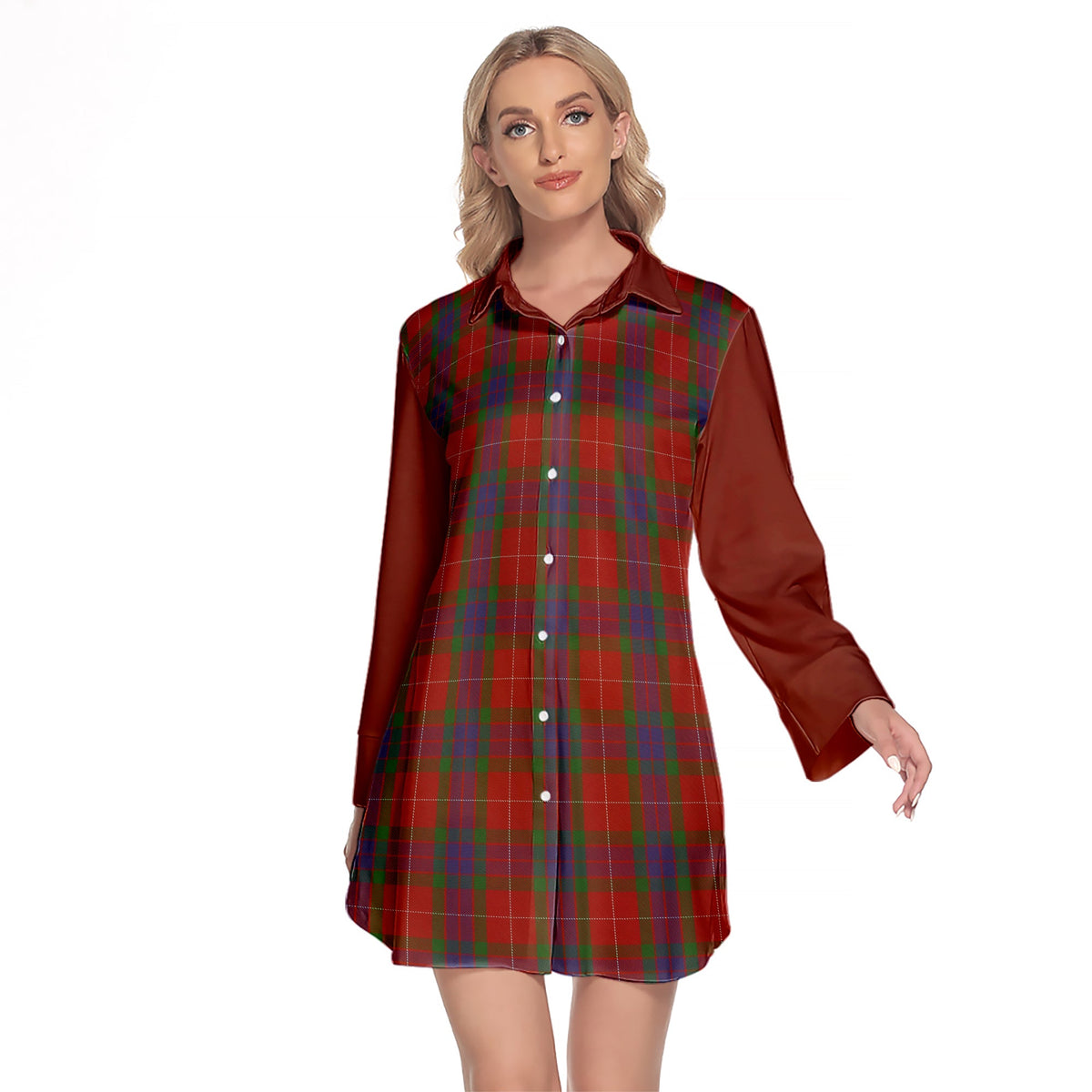 Fraser Tartan Women's Lapel Shirt Dress With Long Sleeve