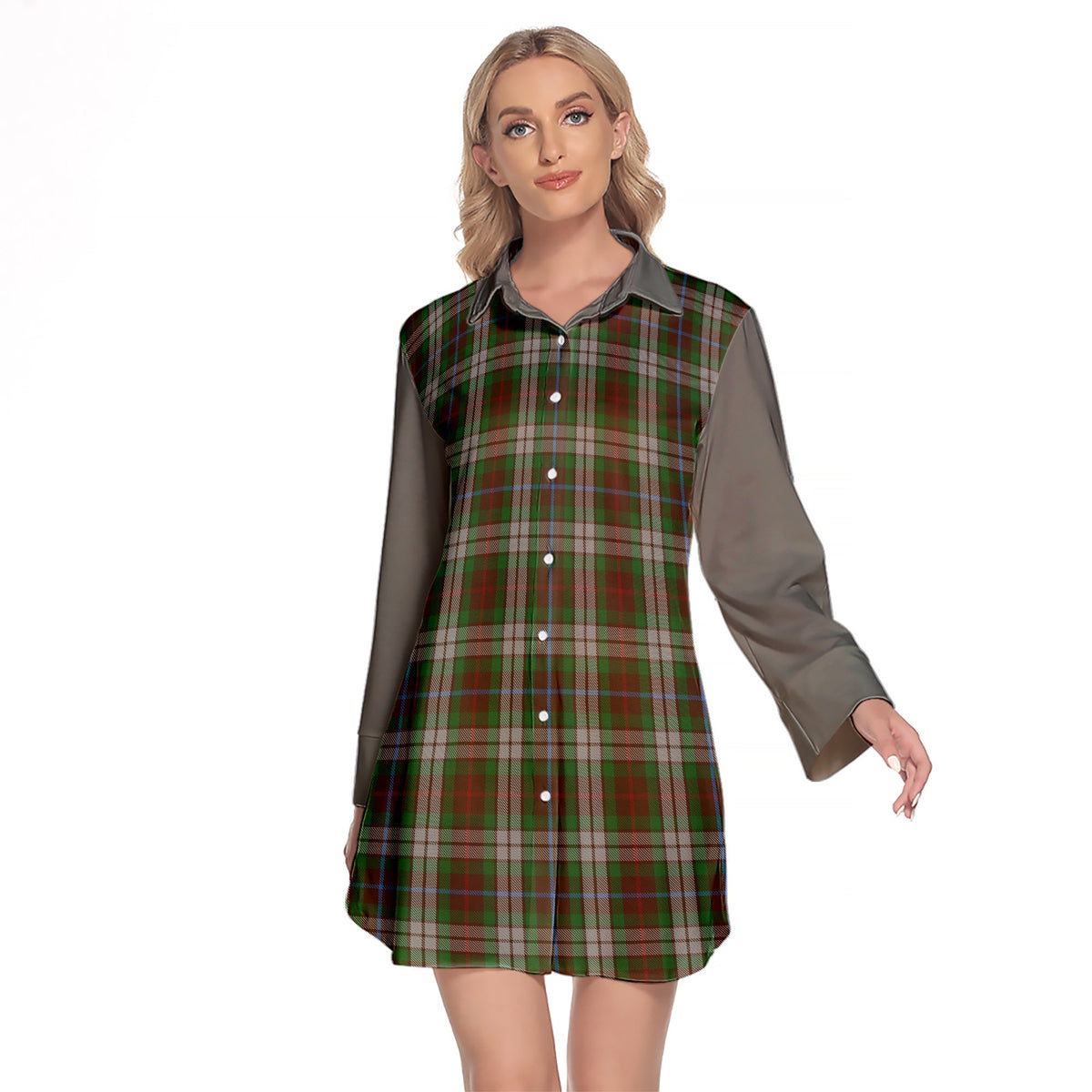 Fraser Hunting Dress Tartan Women's Lapel Shirt Dress With Long Sleeve