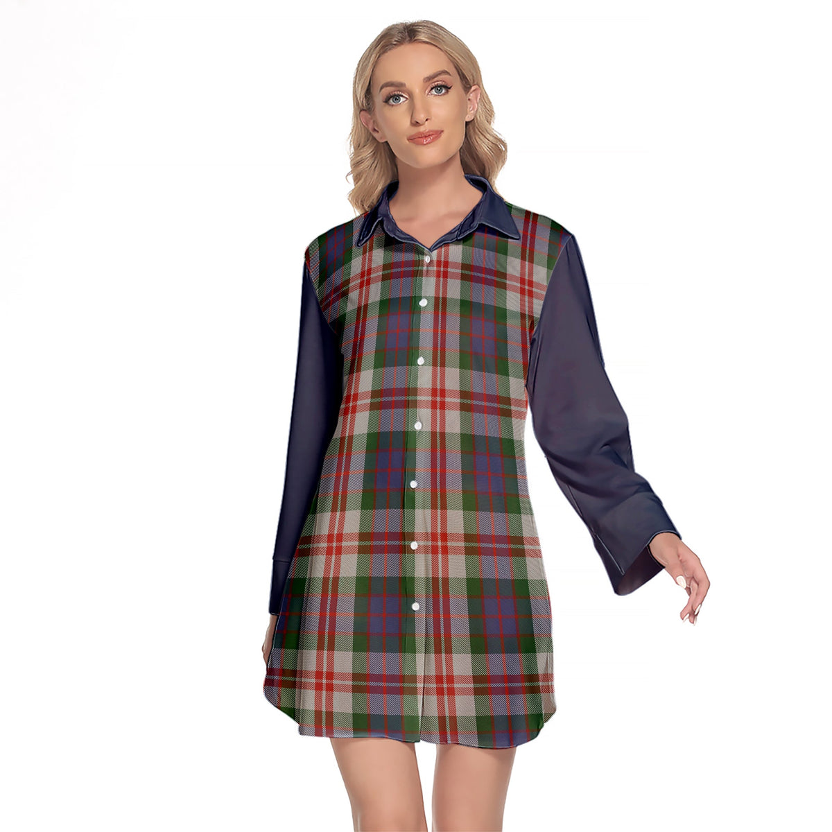 Fraser Red Dress Tartan Women's Lapel Shirt Dress With Long Sleeve