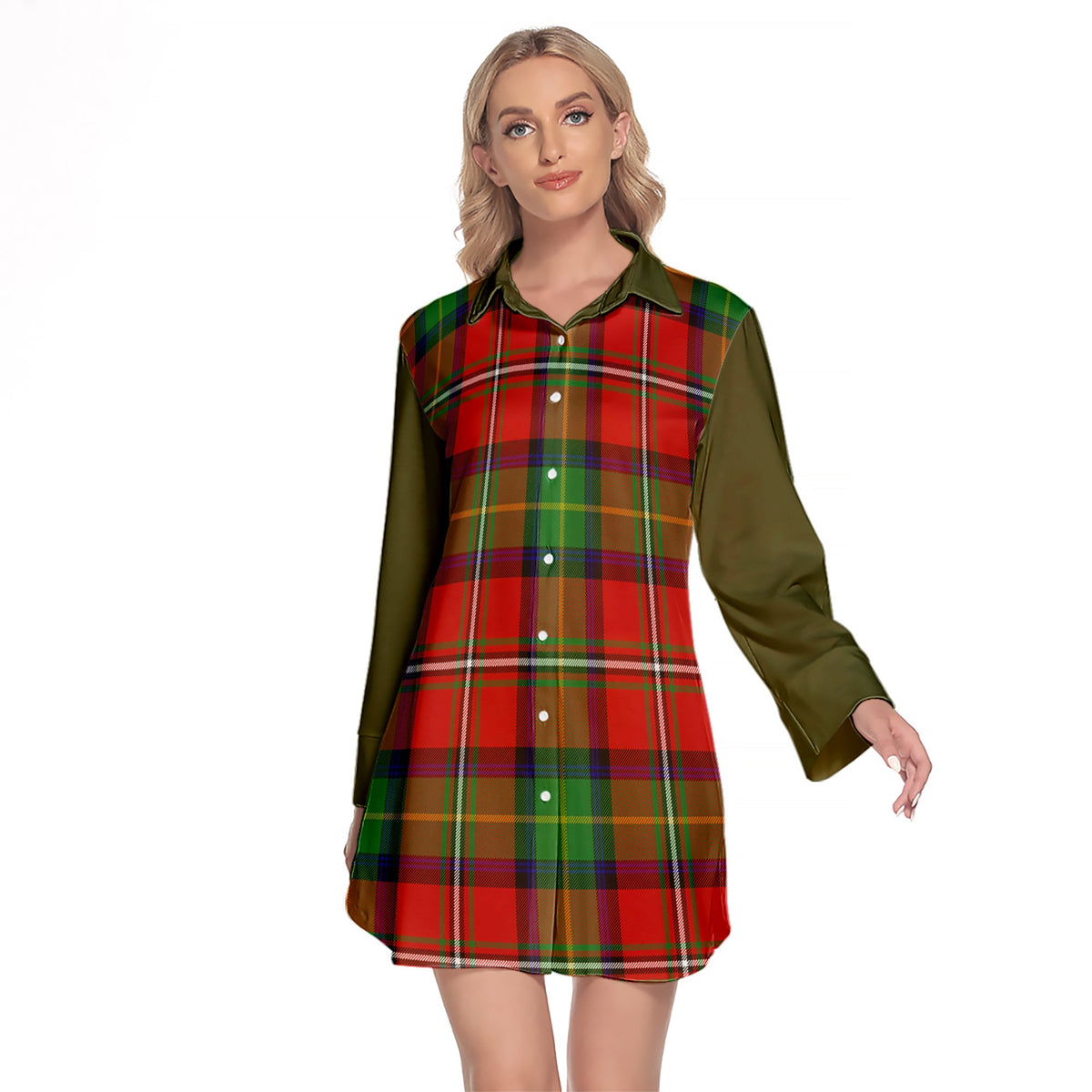 Fullerton Tartan Women's Lapel Shirt Dress With Long Sleeve