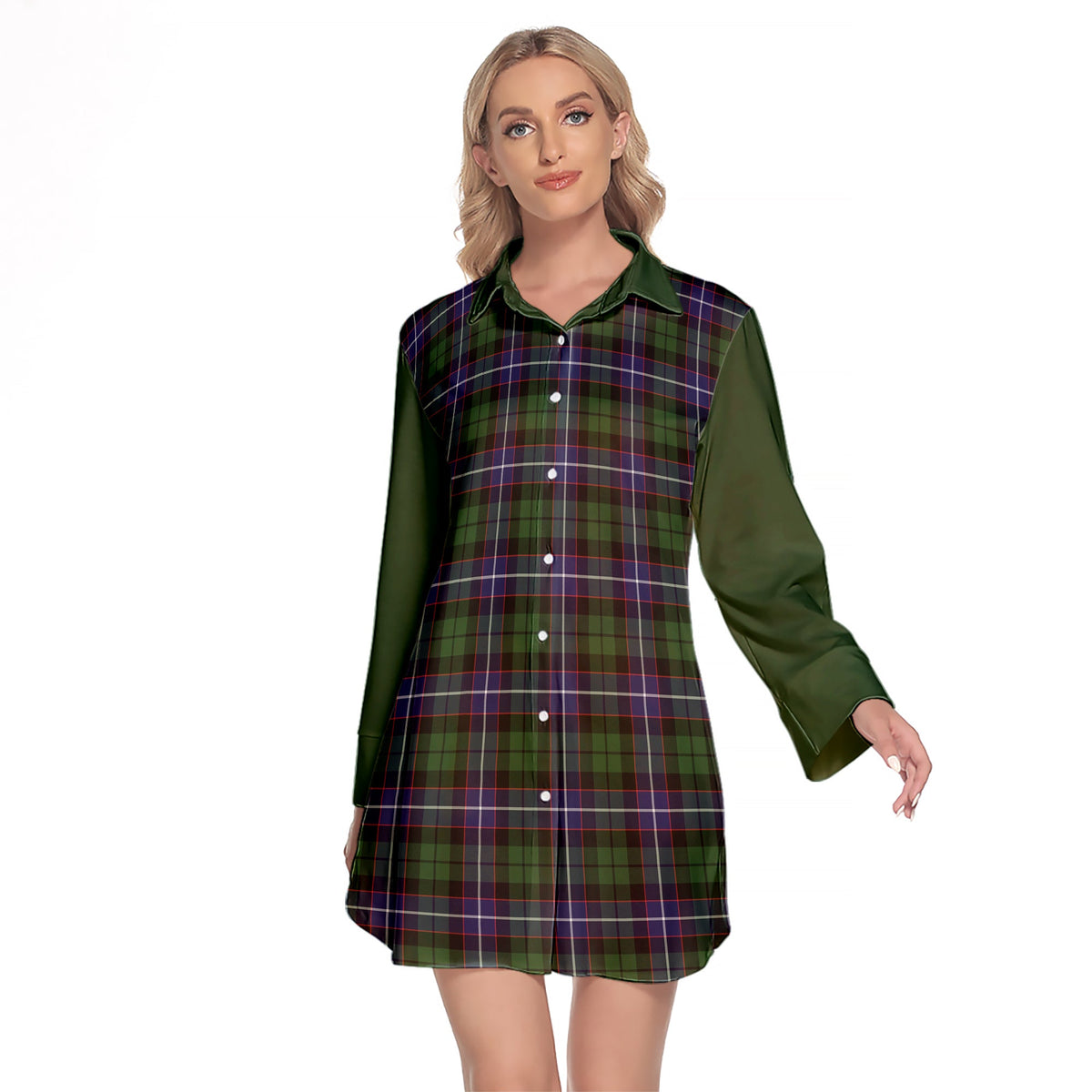 Galbraith Modern Tartan Women's Lapel Shirt Dress With Long Sleeve