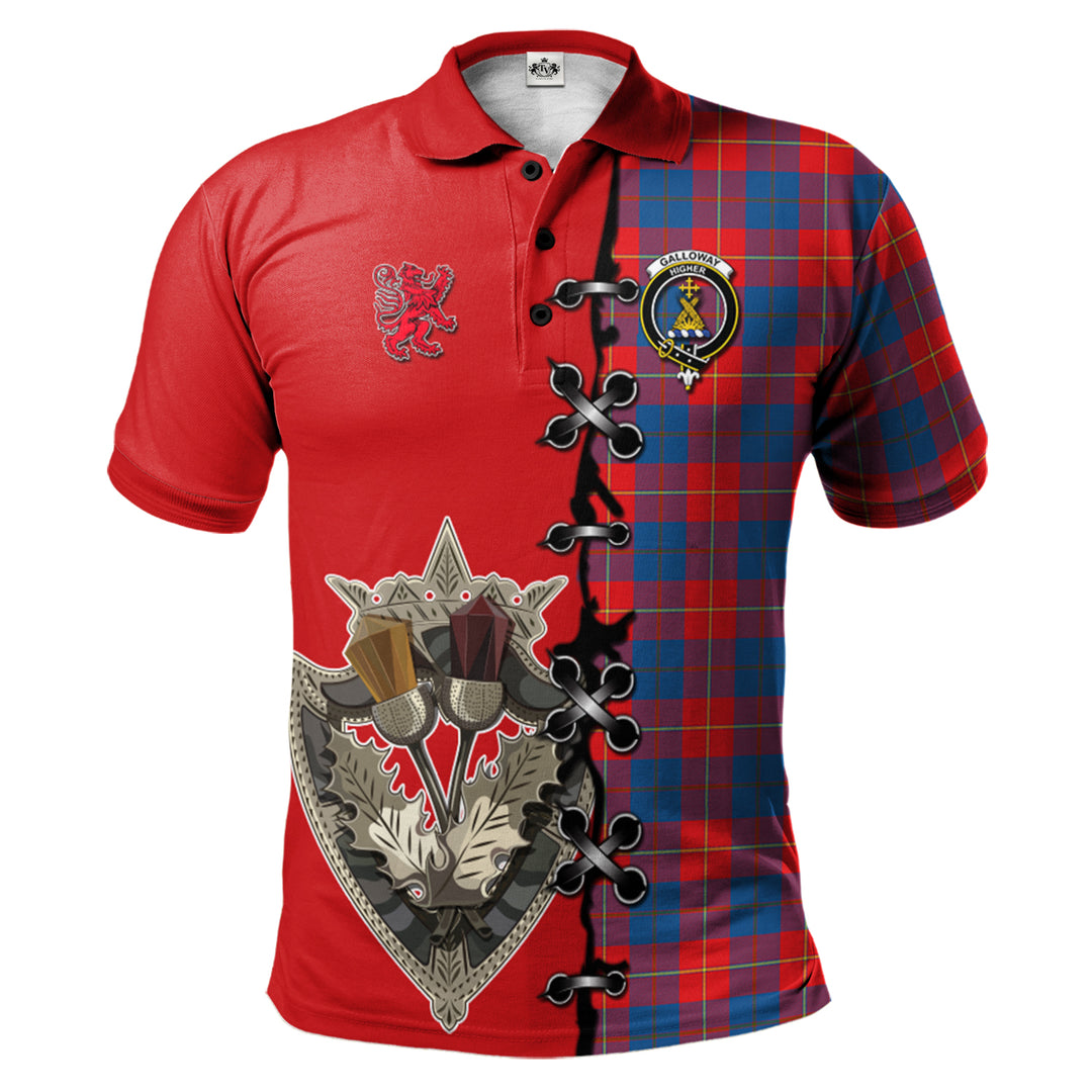 Galloway Red Tartan Polo Shirt - Lion Rampant And Celtic Thistle Style