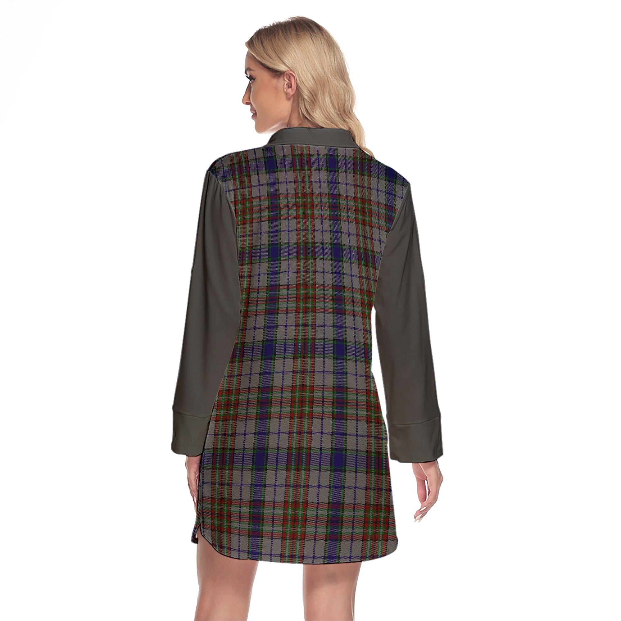 Gayre Hunting Tartan Women's Lapel Shirt Dress With Long Sleeve