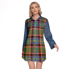 Glass Tartan Women's Lapel Shirt Dress With Long Sleeve