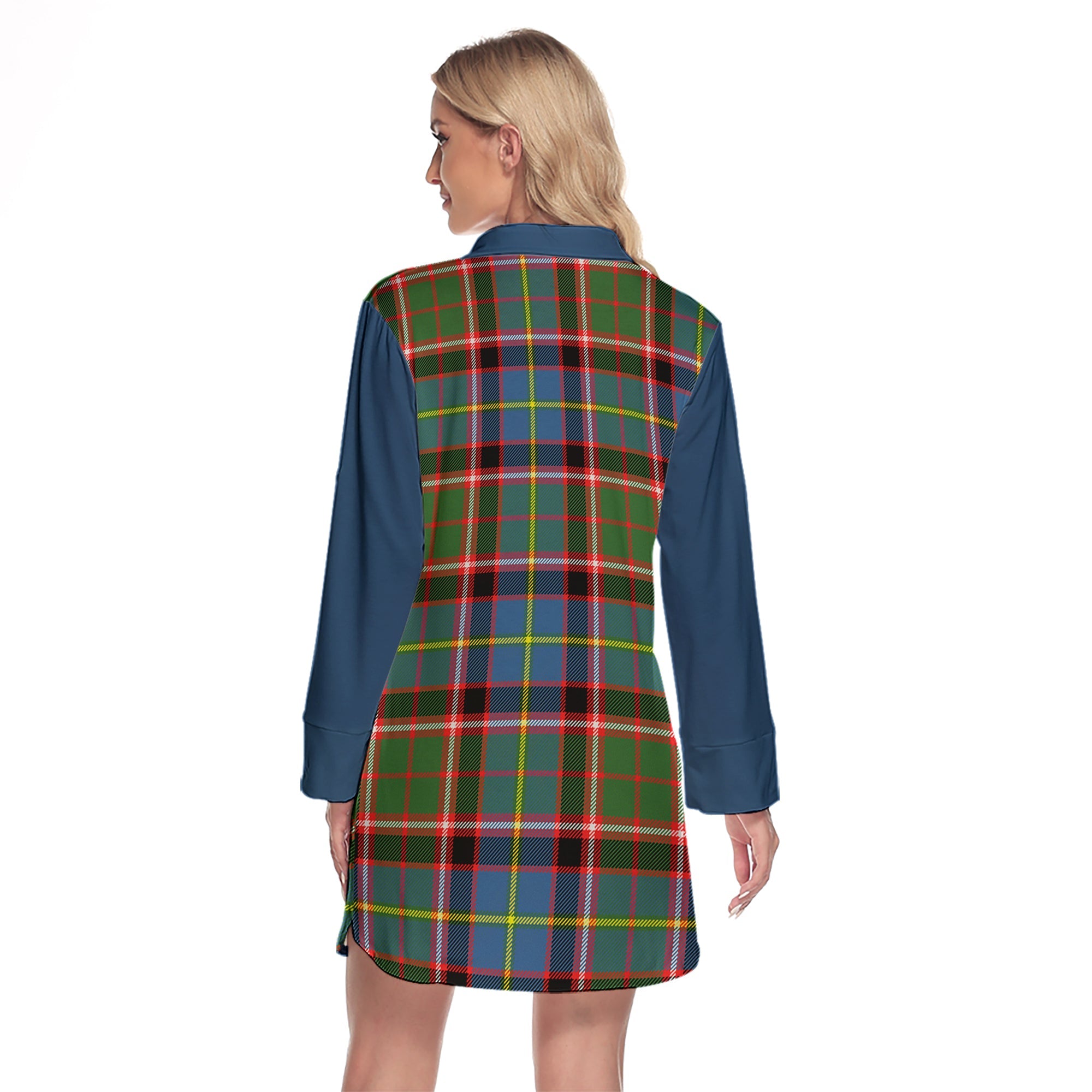 Glass Tartan Women's Lapel Shirt Dress With Long Sleeve