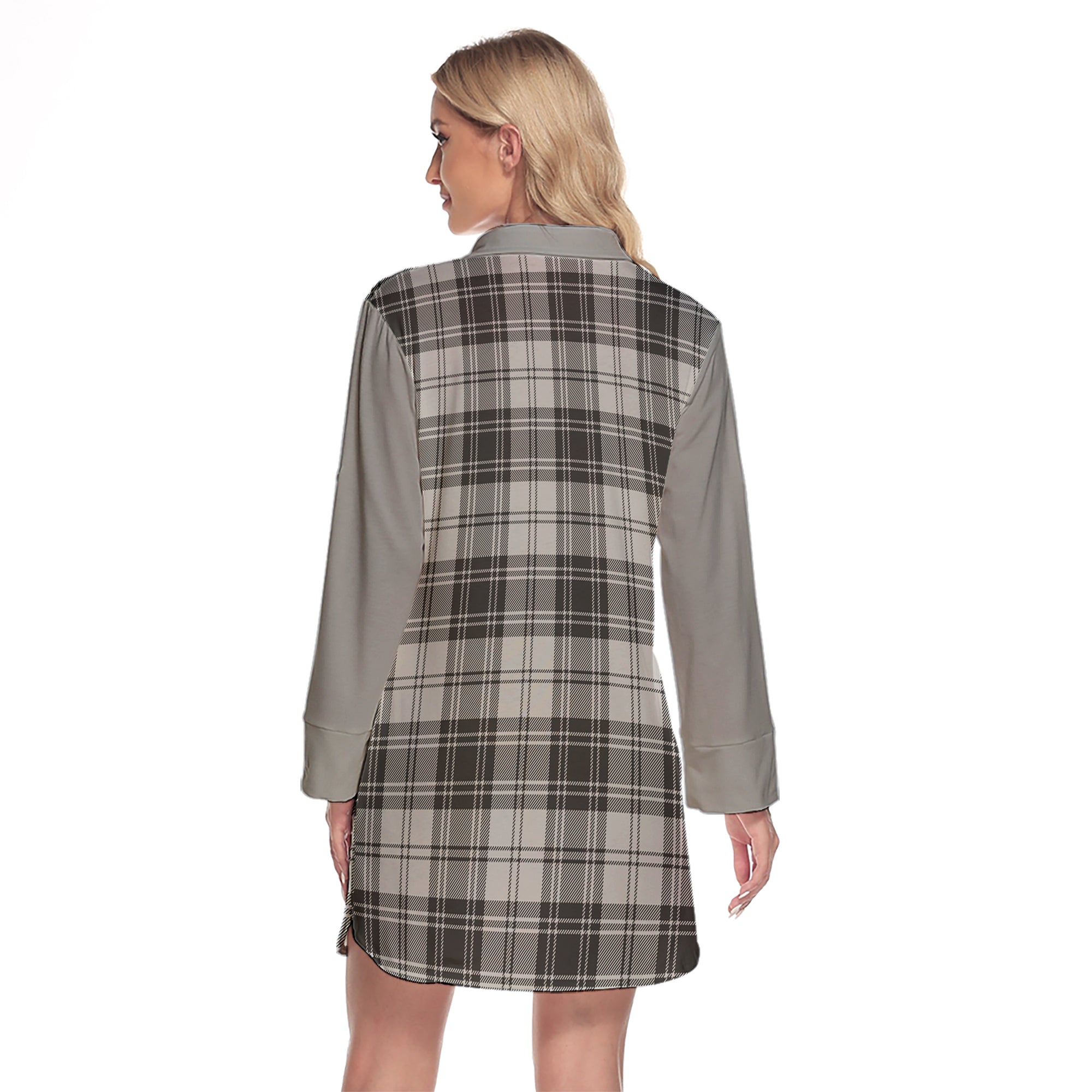 Glen Tartan Women's Lapel Shirt Dress With Long Sleeve