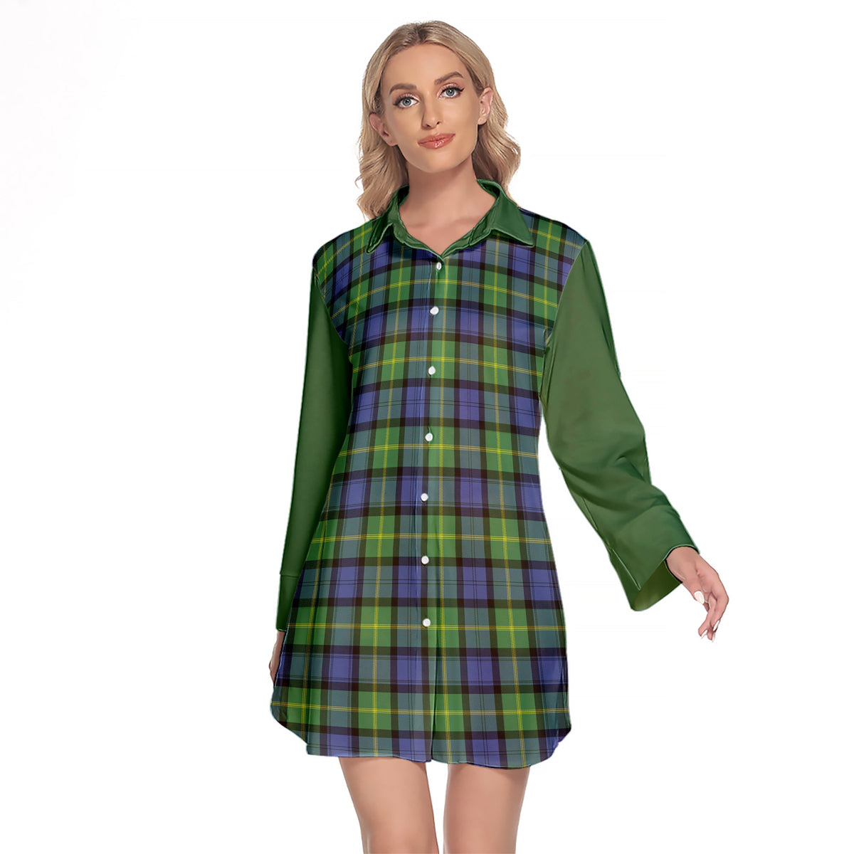 Gordon Old Ancient Tartan Women's Lapel Shirt Dress With Long Sleeve