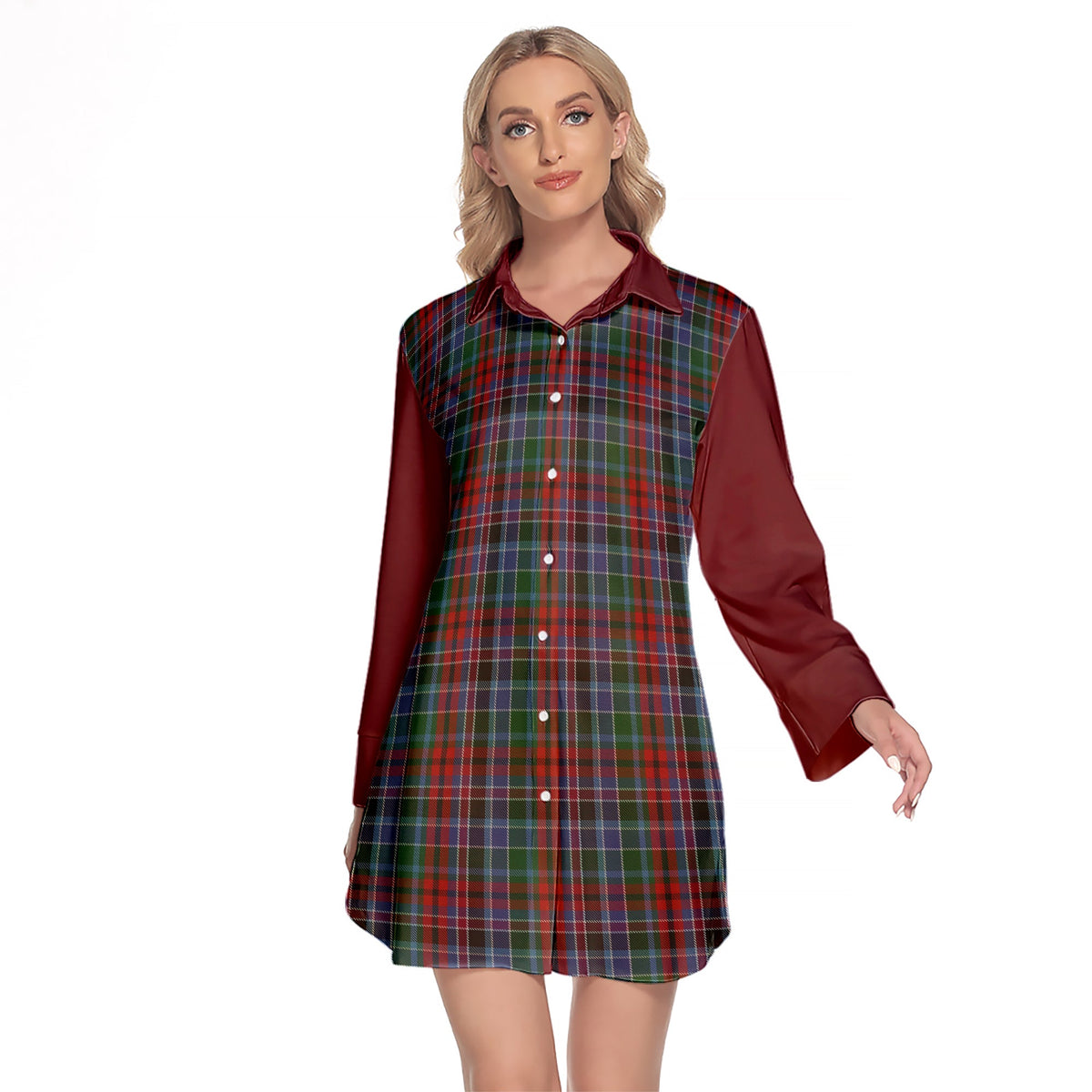 Gordon Red Tartan Women's Lapel Shirt Dress With Long Sleeve