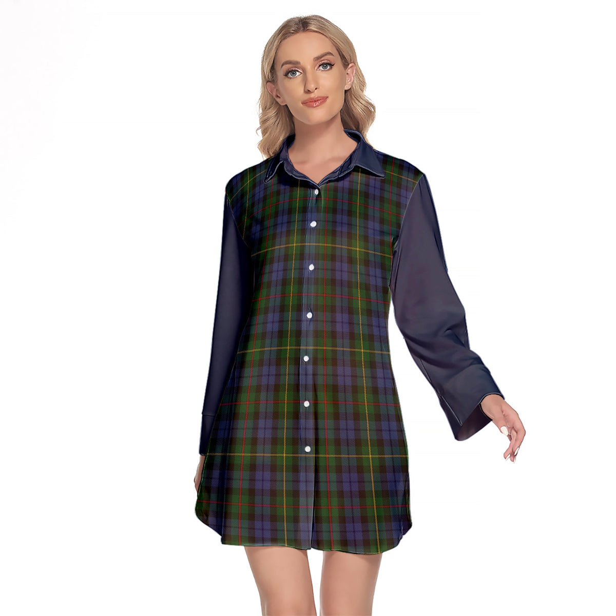 Gow Hunting Tartan Women's Lapel Shirt Dress With Long Sleeve