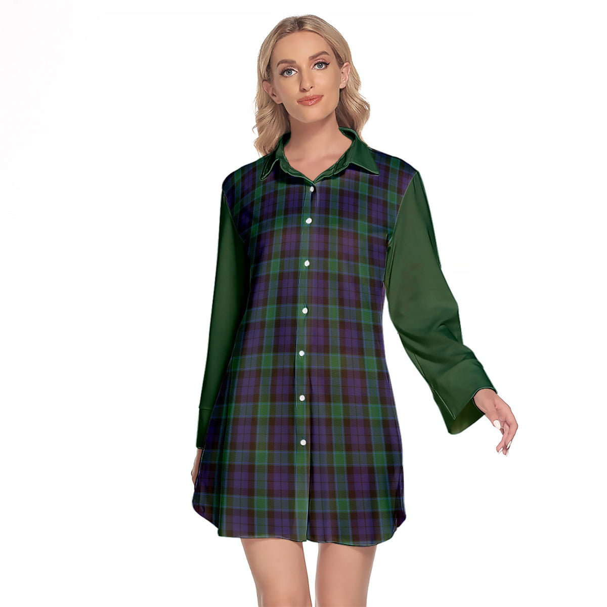 Graham Of Menteith Tartan Women's Lapel Shirt Dress With Long Sleeve