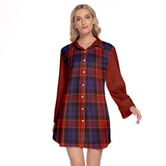 Graham Of Menteith Red Tartan Women's Lapel Shirt Dress With Long Sleeve