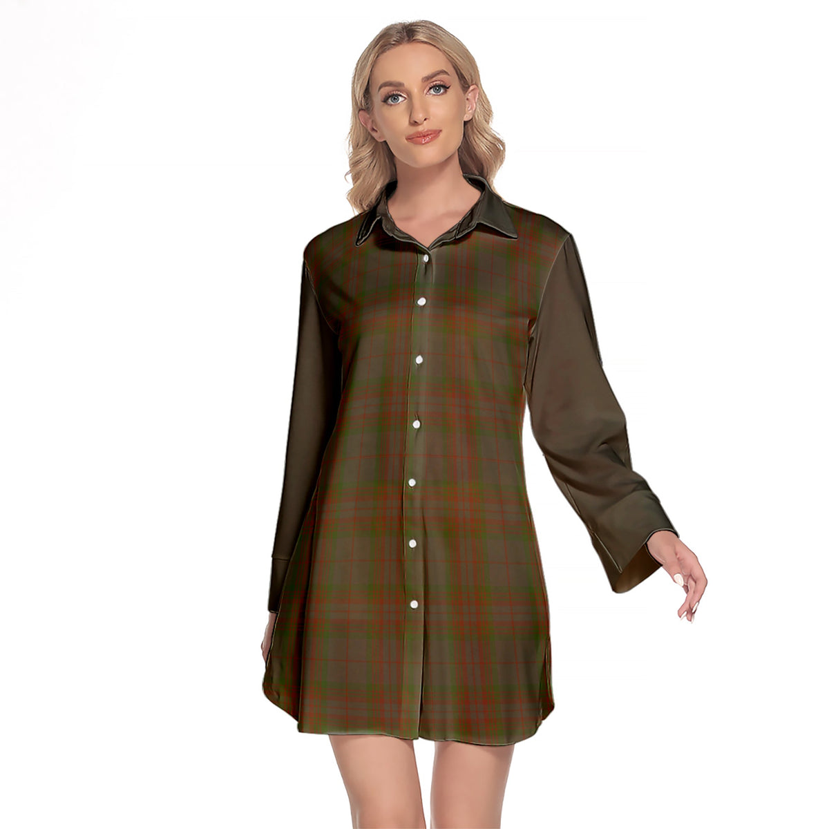 Gray Tartan Women's Lapel Shirt Dress With Long Sleeve