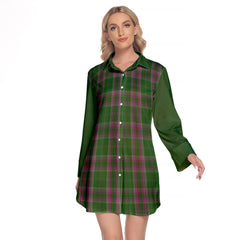 Gray Hunting Tartan Women's Lapel Shirt Dress With Long Sleeve