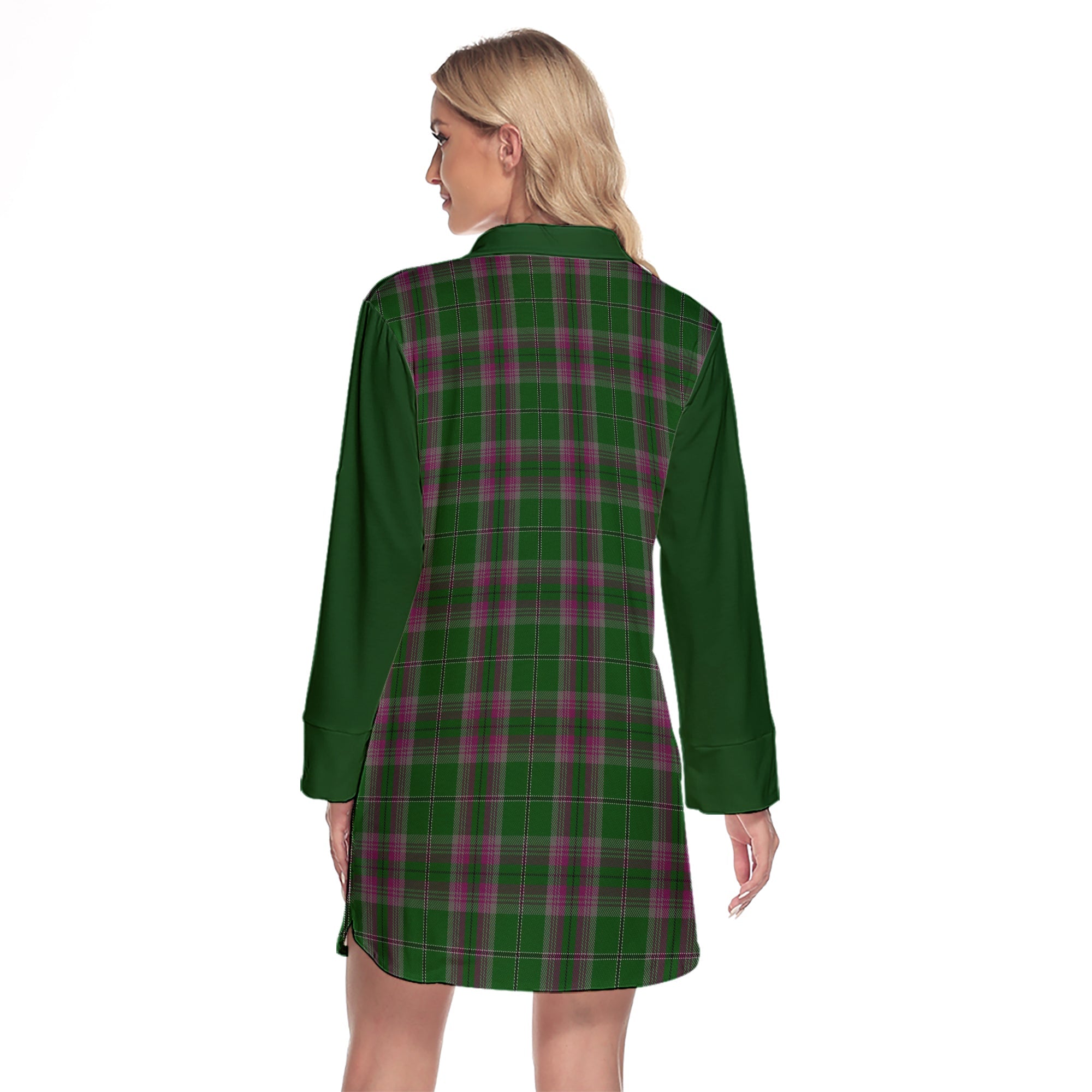 Gray Hunting Tartan Women's Lapel Shirt Dress With Long Sleeve